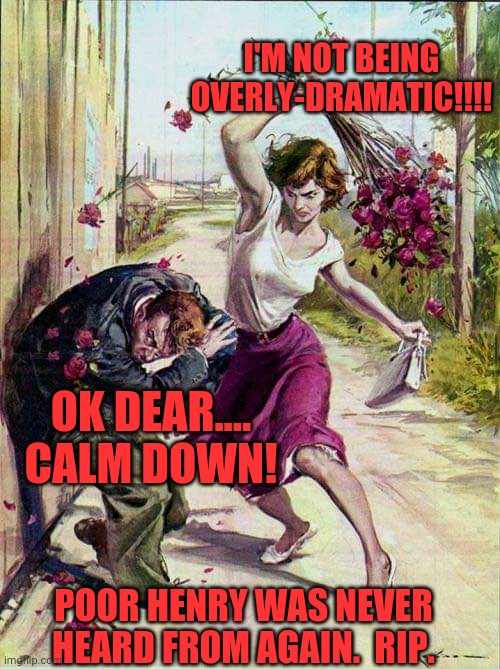 Beaten with Roses | I'M NOT BEING OVERLY-DRAMATIC!!!! OK DEAR.... CALM DOWN! POOR HENRY WAS NEVER HEARD FROM AGAIN.  RIP. | image tagged in beaten with roses | made w/ Imgflip meme maker