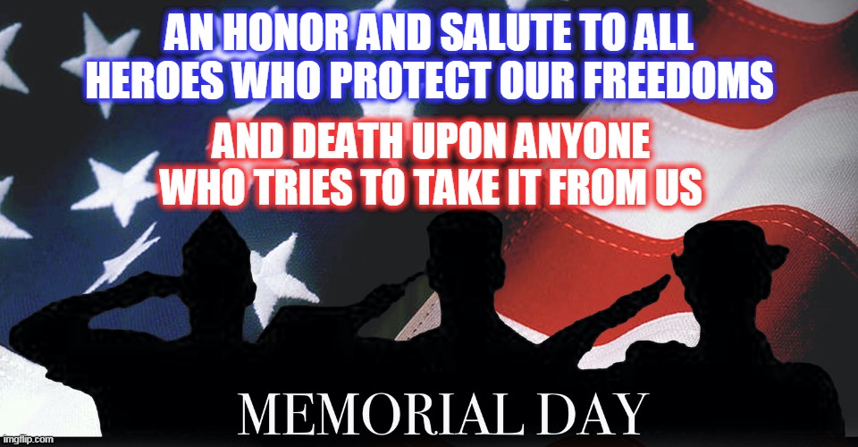 memorial day | AN HONOR AND SALUTE TO ALL HEROES WHO PROTECT OUR FREEDOMS; AND DEATH UPON ANYONE WHO TRIES TO TAKE IT FROM US | image tagged in memorial day,heroes,freedom,military,protect | made w/ Imgflip meme maker