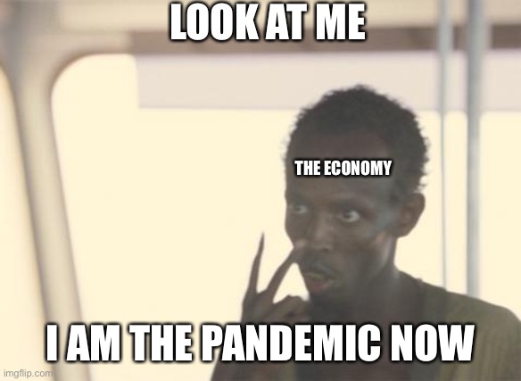I'm The Captain Now Meme | LOOK AT ME; THE ECONOMY; I AM THE PANDEMIC NOW | image tagged in memes,i'm the captain now | made w/ Imgflip meme maker