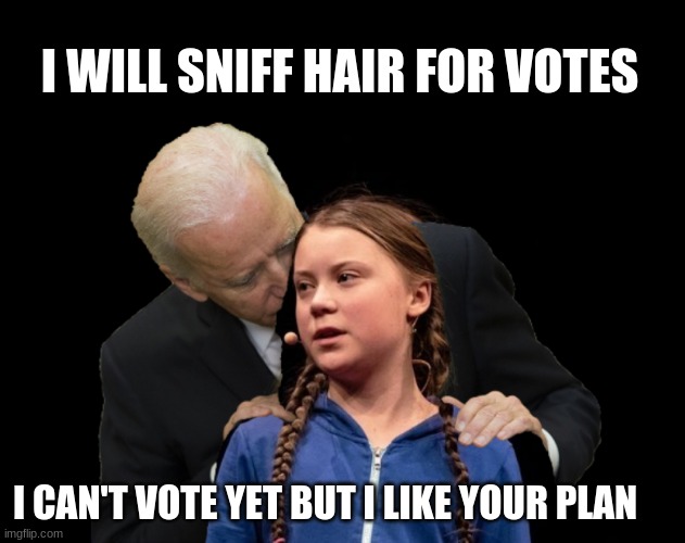 Do not judge, love can not be stopped | I WILL SNIFF HAIR FOR VOTES; I CAN'T VOTE YET BUT I LIKE YOUR PLAN | image tagged in greta thunberg creepy joe biden sniffing hair,do not judge,love is where you find it,creepy joe,a hair sniff per vote,shhhhhhh j | made w/ Imgflip meme maker