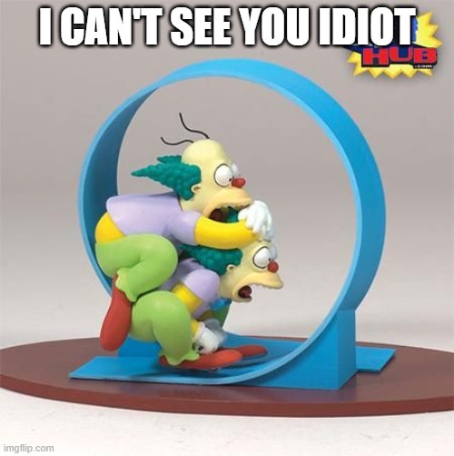 Krusty and Homer Bicycle trick through the Loop for Fat Tony | I CAN'T SEE YOU IDIOT | image tagged in clown,homer simpson,homie,krusty the clown - angry | made w/ Imgflip meme maker