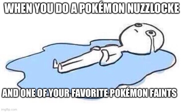 Nuzlocke | WHEN YOU DO A POKÉMON NUZZLOCKE; AND ONE OF YOUR FAVORITE POKÉMON FAINTS | image tagged in when you legit only talk to one person and they're busy so you' | made w/ Imgflip meme maker