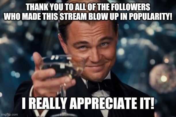 Leonardo Dicaprio Cheers | THANK YOU TO ALL OF THE FOLLOWERS WHO MADE THIS STREAM BLOW UP IN POPULARITY! I REALLY APPRECIATE IT! | image tagged in memes,leonardo dicaprio cheers | made w/ Imgflip meme maker