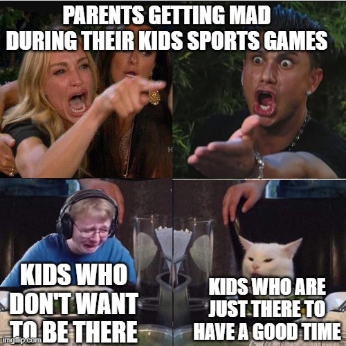 Four panel Taylor Armstrong Pauly D CallmeCarson Cat | PARENTS GETTING MAD DURING THEIR KIDS SPORTS GAMES; KIDS WHO DON'T WANT TO BE THERE; KIDS WHO ARE JUST THERE TO HAVE A GOOD TIME | image tagged in four panel taylor armstrong pauly d callmecarson cat | made w/ Imgflip meme maker