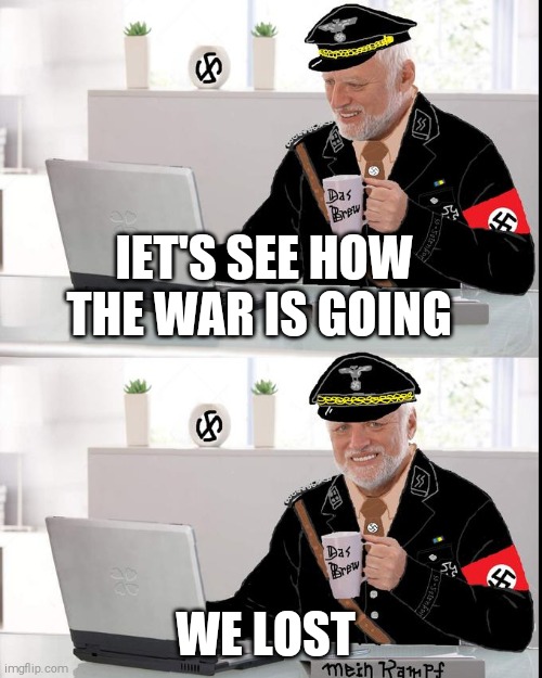 Hide dza pain Heinrich | IET'S SEE HOW THE WAR IS GOING; WE LOST | image tagged in memes,hide the pain harold | made w/ Imgflip meme maker