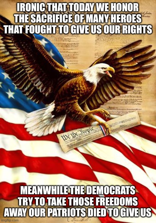 Memorial Day | IRONIC THAT TODAY WE HONOR THE SACRIFICE OF MANY HEROES THAT FOUGHT TO GIVE US OUR RIGHTS; MEANWHILE THE DEMOCRATS TRY TO TAKE THOSE FREEDOMS AWAY OUR PATRIOTS DIED TO GIVE US | image tagged in memorial day,patriots,democrats | made w/ Imgflip meme maker