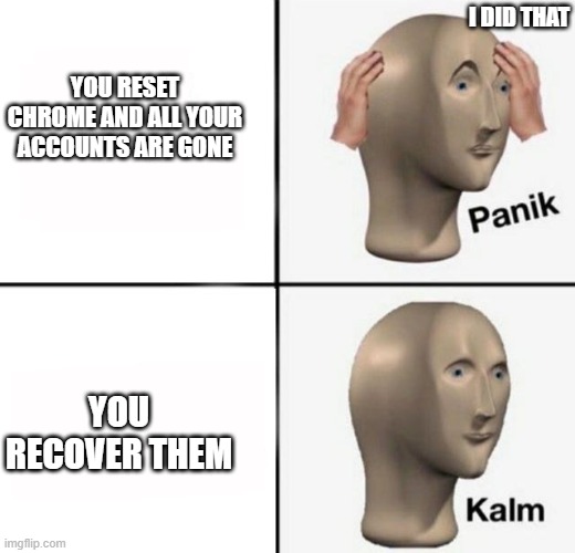 what i did today | I DID THAT; YOU RESET CHROME AND ALL YOUR ACCOUNTS ARE GONE; YOU RECOVER THEM | image tagged in panik kalm | made w/ Imgflip meme maker