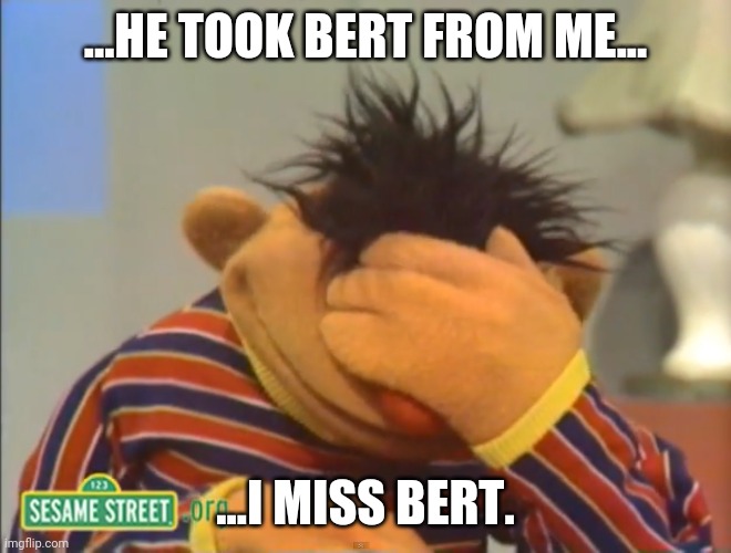 Hey bert. | ...HE TOOK BERT FROM ME... ...I MISS BERT. | image tagged in bert and ernie,sesame street | made w/ Imgflip meme maker