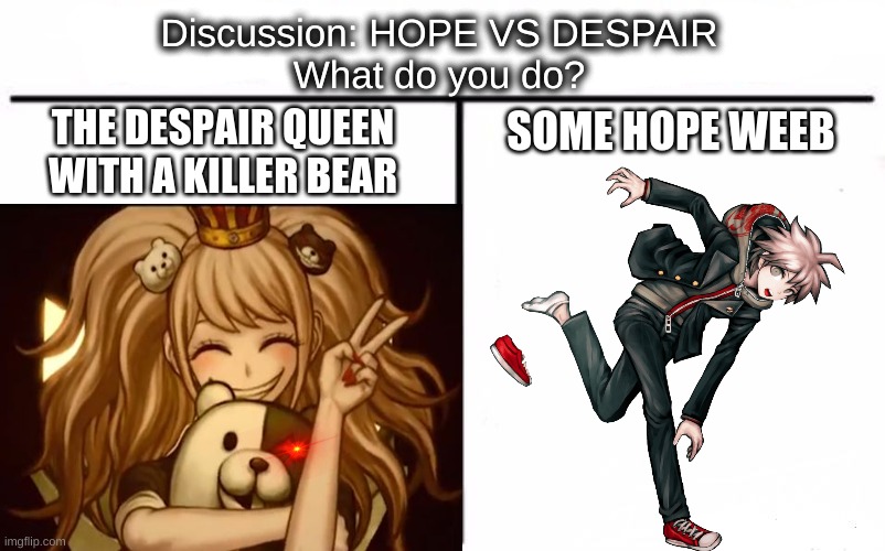 Discussion: HOPE VS DESPAIR | Discussion: HOPE VS DESPAIR
What do you do? THE DESPAIR QUEEN
WITH A KILLER BEAR; SOME HOPE WEEB | image tagged in danganronpa | made w/ Imgflip meme maker