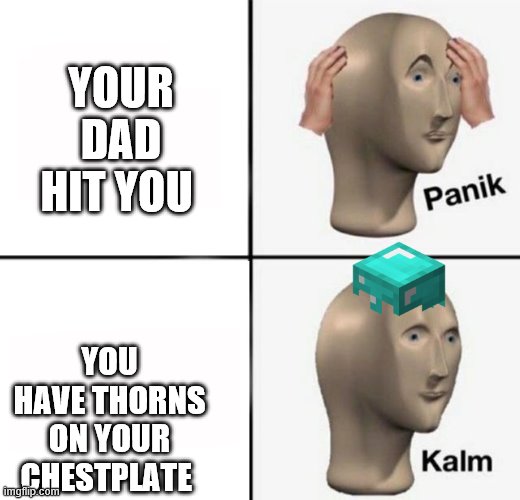 panik kalm | YOUR DAD HIT YOU; YOU HAVE THORNS ON YOUR CHESTPLATE | image tagged in minecraft | made w/ Imgflip meme maker