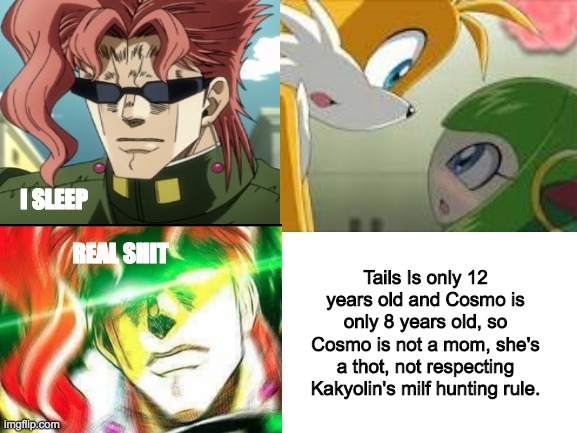 I sleep | I SLEEP; Tails Is only 12 years old and Cosmo is only 8 years old, so Cosmo is not a mom, she's a thot, not respecting Kakyolin's milf hunting rule. REAL SHIT | image tagged in i sleep real shit,jojo's bizarre adventure,sonic the hedgehog,memes | made w/ Imgflip meme maker