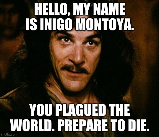 Inigo Montoya Meme | HELLO, MY NAME IS INIGO MONTOYA. YOU PLAGUED THE WORLD. PREPARE TO DIE. | image tagged in memes,inigo montoya | made w/ Imgflip meme maker