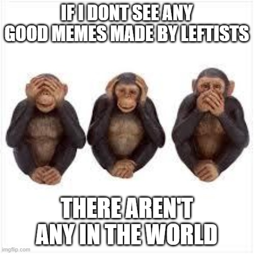 See no Evil Hear no Evil Speak no Evil | IF I DONT SEE ANY GOOD MEMES MADE BY LEFTISTS THERE AREN'T ANY IN THE WORLD | image tagged in see no evil hear no evil speak no evil | made w/ Imgflip meme maker