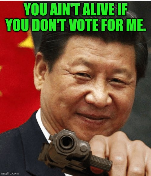Xi Jinping | YOU AIN'T ALIVE IF YOU DON'T VOTE FOR ME. | image tagged in xi jinping | made w/ Imgflip meme maker