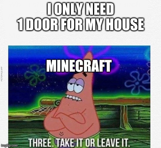 3 take it or leave it | I ONLY NEED 1 DOOR FOR MY HOUSE; MINECRAFT | image tagged in 3 take it or leave it | made w/ Imgflip meme maker