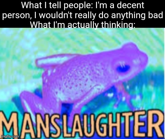 M a n s l a u g h t e r | What I tell people: I'm a decent person, I wouldn't really do anything bad
What I'm actually thinking: | image tagged in manslaughter | made w/ Imgflip meme maker