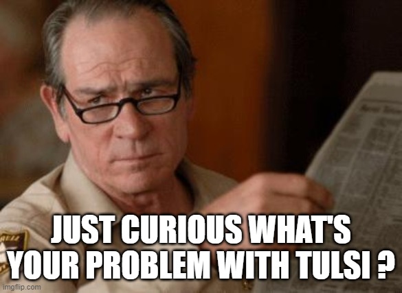 Tommy Lee Jones | JUST CURIOUS WHAT'S YOUR PROBLEM WITH TULSI ? | image tagged in tommy lee jones | made w/ Imgflip meme maker