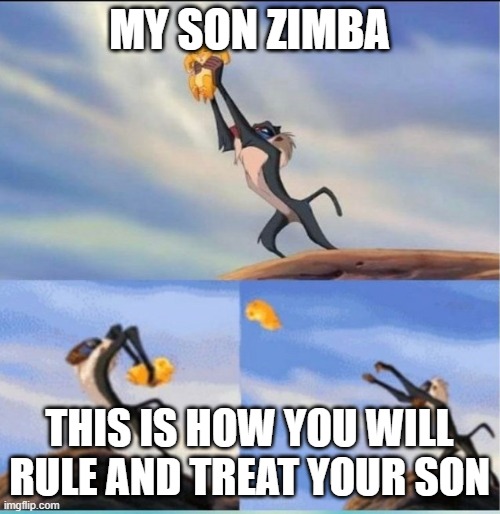 lion being yeeted | MY SON ZIMBA; THIS IS HOW YOU WILL RULE AND TREAT YOUR SON | image tagged in lion being yeeted | made w/ Imgflip meme maker