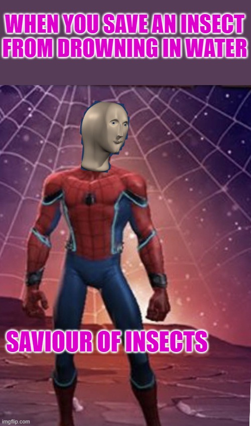 Saviour Of Insects | WHEN YOU SAVE AN INSECT FROM DROWNING IN WATER; SAVIOUR OF INSECTS | image tagged in spoder man stonk,stonks,meme | made w/ Imgflip meme maker