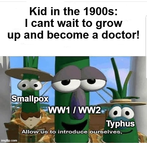 Allow us to introduce ourselves | Kid in the 1900s: I cant wait to grow up and become a doctor! Smallpox; WW1 / WW2; Typhus | image tagged in allow us to introduce ourselves,history,historical meme | made w/ Imgflip meme maker