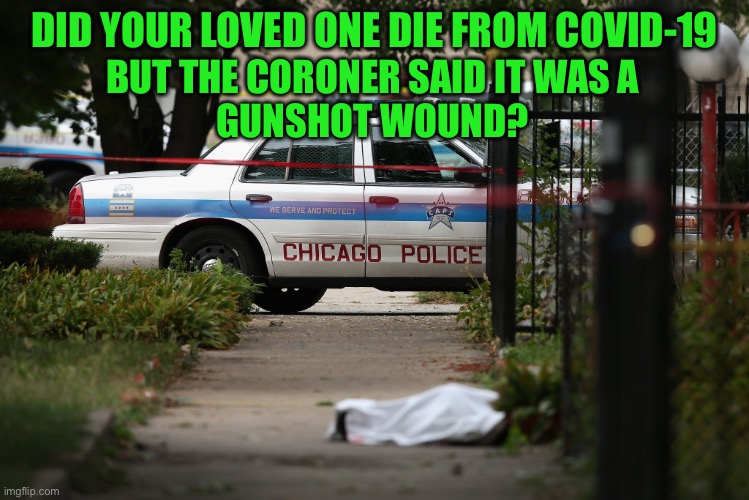 Chicago Gun Control | DID YOUR LOVED ONE DIE FROM COVID-19 BUT THE CORONER SAID IT WAS A
GUNSHOT WOUND? | image tagged in chicago gun control | made w/ Imgflip meme maker