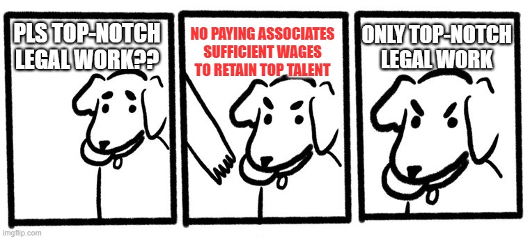 No Take, Only Throw | NO PAYING ASSOCIATES SUFFICIENT WAGES TO RETAIN TOP TALENT; ONLY TOP-NOTCH LEGAL WORK; PLS TOP-NOTCH LEGAL WORK?? | image tagged in no take only throw | made w/ Imgflip meme maker