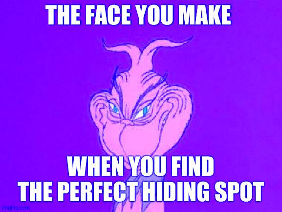 True. | THE FACE YOU MAKE; WHEN YOU FIND THE PERFECT HIDING SPOT | image tagged in dispatcher grinch | made w/ Imgflip meme maker