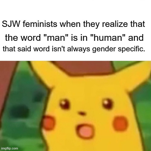 Surprised Pikachu | SJW feminists when they realize that; the word "man" is in "human" and; that said word isn't always gender specific. | image tagged in memes,surprised pikachu | made w/ Imgflip meme maker