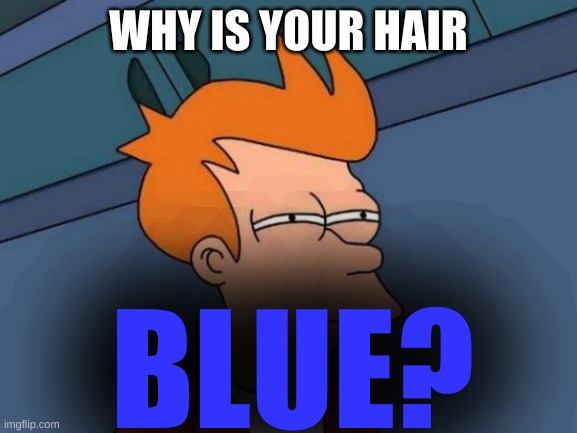 Futurama Fry Meme | WHY IS YOUR HAIR BLUE? | image tagged in memes,futurama fry | made w/ Imgflip meme maker