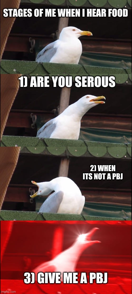 Inhaling Seagull Meme | STAGES OF ME WHEN I HEAR FOOD; 1) ARE YOU SEROUS; 2) WHEN ITS NOT A PBJ; 3) GIVE ME A PBJ | image tagged in memes,inhaling seagull | made w/ Imgflip meme maker