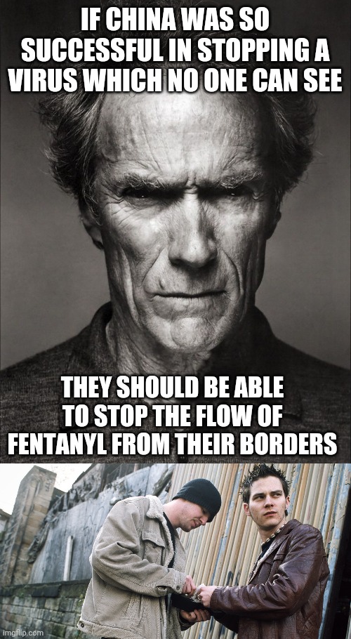 Most fentanyl comes from China | IF CHINA WAS SO SUCCESSFUL IN STOPPING A VIRUS WHICH NO ONE CAN SEE; THEY SHOULD BE ABLE TO STOP THE FLOW OF FENTANYL FROM THEIR BORDERS | image tagged in clint eastwood black and white,china,made in china | made w/ Imgflip meme maker