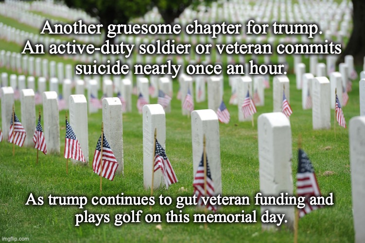 Arlington | Another gruesome chapter for trump.
An active-duty soldier or veteran commits
suicide nearly once an hour. As trump continues to gut veteran funding and 
plays golf on this memorial day. | image tagged in arlington | made w/ Imgflip meme maker