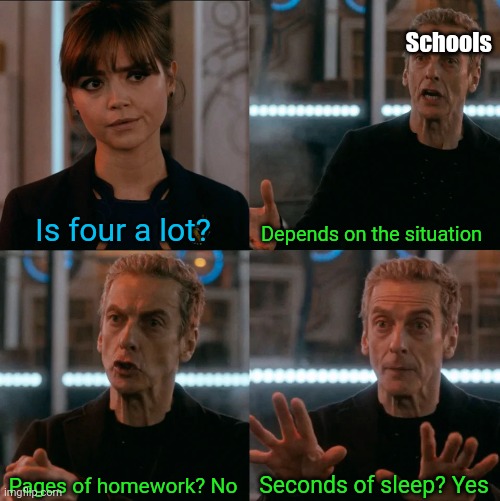 Is Four A Lot | Schools; Is four a lot? Depends on the situation; Seconds of sleep? Yes; Pages of homework? No | image tagged in is four a lot | made w/ Imgflip meme maker