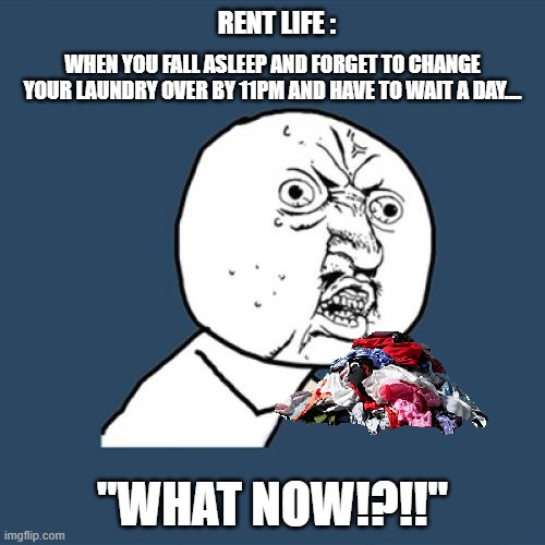 RENT LIFE :; WHEN YOU FALL ASLEEP AND FORGET TO CHANGE YOUR LAUNDRY OVER BY 11PM AND HAVE TO WAIT A DAY.... "WHAT NOW!?!!" | image tagged in funny,laundry,real life | made w/ Imgflip meme maker