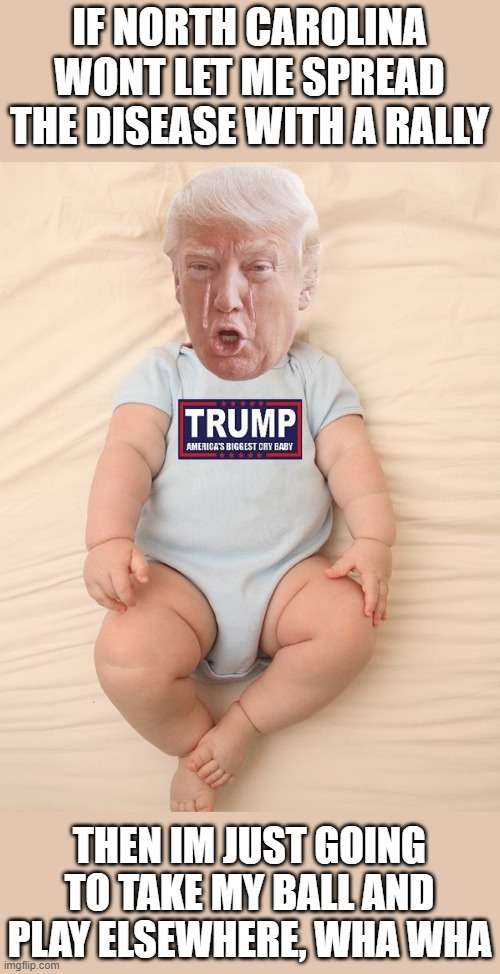 Little Donny, whining again | IF NORTH CAROLINA WONT LET ME SPREAD THE DISEASE WITH A RALLY; THEN IM JUST GOING TO TAKE MY BALL AND PLAY ELSEWHERE, WHA WHA | image tagged in crying trump baby,donald trump is an idiot,memes,maga,politics | made w/ Imgflip meme maker