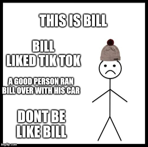 Don't Be Like Bill | THIS IS BILL; BILL LIKED TIK TOK; A GOOD PERSON RAN BILL OVER WITH HIS CAR; DONT BE LIKE BILL | image tagged in don't be like bill | made w/ Imgflip meme maker