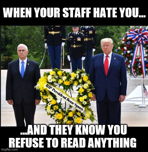 A 15 minute break on a busy day of tweeting and golf... | WHEN YOUR STAFF HATE YOU... ...AND THEY KNOW YOU REFUSE TO READ ANYTHING | image tagged in memorial day,donald trump is an idiot,mike pence,trump is a moron | made w/ Imgflip meme maker