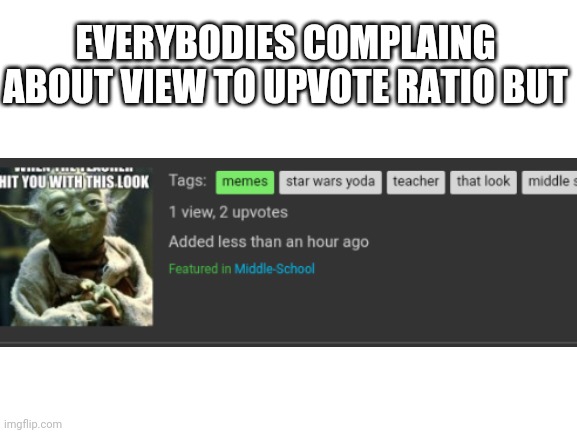 Blank White Template | EVERYBODIES COMPLAING ABOUT VIEW TO UPVOTE RATIO BUT | image tagged in blank white template,star wars yoda,upvotes,views | made w/ Imgflip meme maker