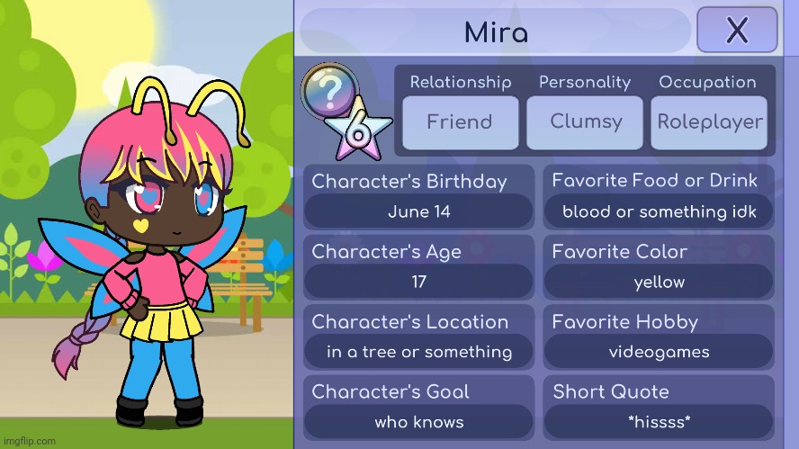 This is Mira and she's a butterfly! | image tagged in gacha | made w/ Imgflip meme maker