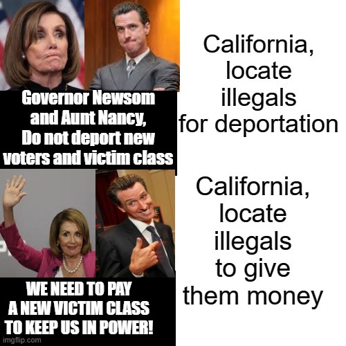 California, Locate Illegals For Deportation or Locate Illegals To Give Them Money! | Governor Newsom and Aunt Nancy, Do not deport new voters and victim class; WE NEED TO PAY A NEW VICTIM CLASS TO KEEP US IN POWER! | image tagged in nancy pelosi,stupid liberals | made w/ Imgflip meme maker