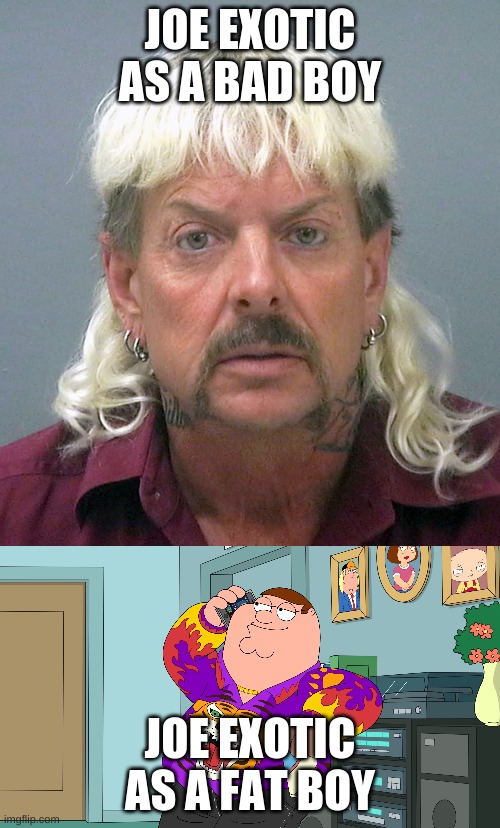 The tiger king | JOE EXOTIC AS A BAD BOY; JOE EXOTIC AS A FAT BOY | image tagged in tiger king,peter griffin,joe exotic | made w/ Imgflip meme maker