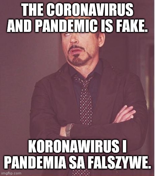 Coronavirus is lies | THE CORONAVIRUS AND PANDEMIC IS FAKE. KORONAWIRUS I PANDEMIA SA FALSZYWE. | image tagged in memes,face you make robert downey jr | made w/ Imgflip meme maker