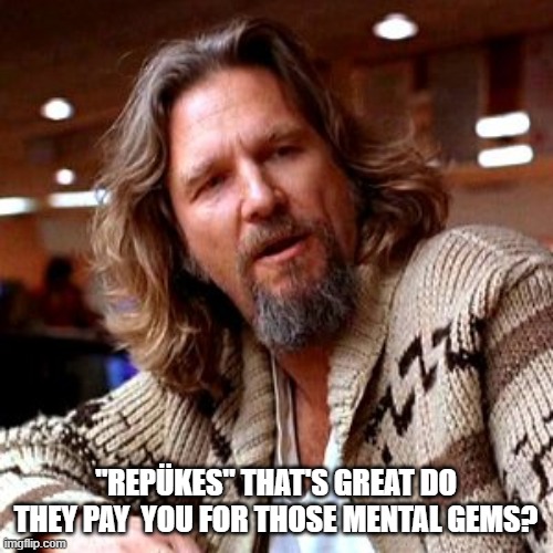 Confused Lebowski Meme | "REPÜKES" THAT'S GREAT DO THEY PAY  YOU FOR THOSE MENTAL GEMS? | image tagged in memes,confused lebowski | made w/ Imgflip meme maker