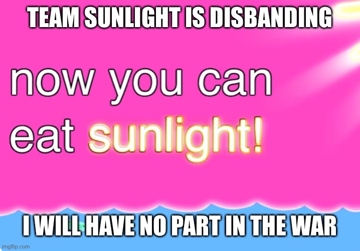 bye | TEAM SUNLIGHT IS DISBANDING; I WILL HAVE NO PART IN THE WAR | image tagged in now you can eat sunlight | made w/ Imgflip meme maker