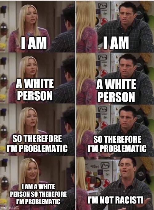 I'm not racist | I AM; I AM; A WHITE PERSON; A WHITE PERSON; SO THEREFORE I'M PROBLEMATIC; SO THEREFORE I'M PROBLEMATIC; I AM A WHITE PERSON SO THEREFORE I'M PROBLEMATIC; I'M NOT RACIST! | image tagged in friends joey teached french,racism,white people,white privilege,white woman | made w/ Imgflip meme maker