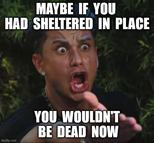 DJ Pauly D Meme | MAYBE  IF  YOU  HAD  SHELTERED  IN  PLACE YOU  WOULDN'T  BE  DEAD  NOW | image tagged in memes,dj pauly d | made w/ Imgflip meme maker