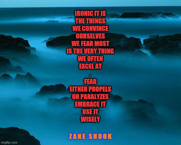 Fearing Fear | IRONIC IT IS
THE THINGS
WE CONVINCE
OURSELVES
WE FEAR MOST
IS THE VERY THING
WE OFTEN
EXCEL AT
.
FEAR
EITHER PROPELS
OR PARALYZES
EMBRACE IT
USE IT
WISELY; Z A N E   S H O O K | image tagged in fear,hope,love | made w/ Imgflip meme maker