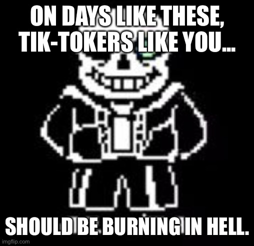 Sans Bad Time | ON DAYS LIKE THESE, TIK-TOKERS LIKE YOU... SHOULD BE BURNING IN HELL. | image tagged in sans bad time | made w/ Imgflip meme maker