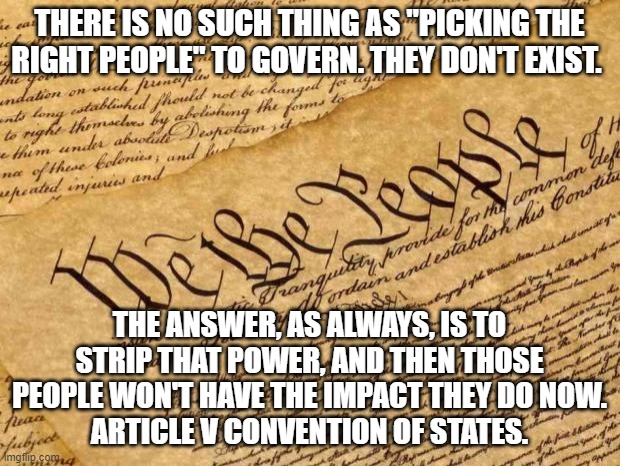 "More Power For My Guy" Is Just Another Name For Tyranny | THERE IS NO SUCH THING AS "PICKING THE RIGHT PEOPLE" TO GOVERN. THEY DON'T EXIST. THE ANSWER, AS ALWAYS, IS TO STRIP THAT POWER, AND THEN THOSE PEOPLE WON'T HAVE THE IMPACT THEY DO NOW.
ARTICLE V CONVENTION OF STATES. | image tagged in constitution | made w/ Imgflip meme maker