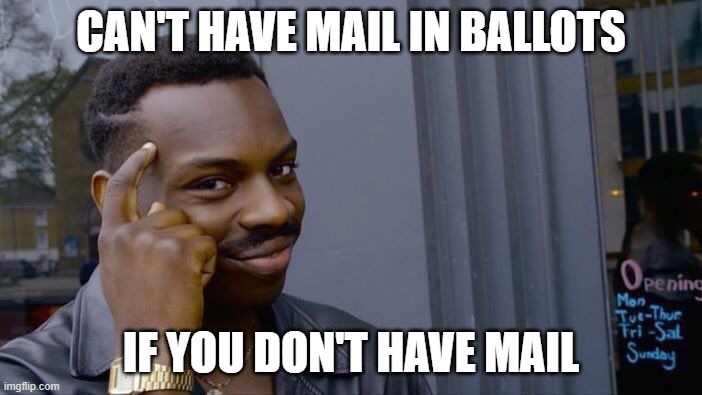 Little Donnie doesn't want mail in ballots | CAN'T HAVE MAIL IN BALLOTS; IF YOU DON'T HAVE MAIL | image tagged in memes,roll safe think about it | made w/ Imgflip meme maker
